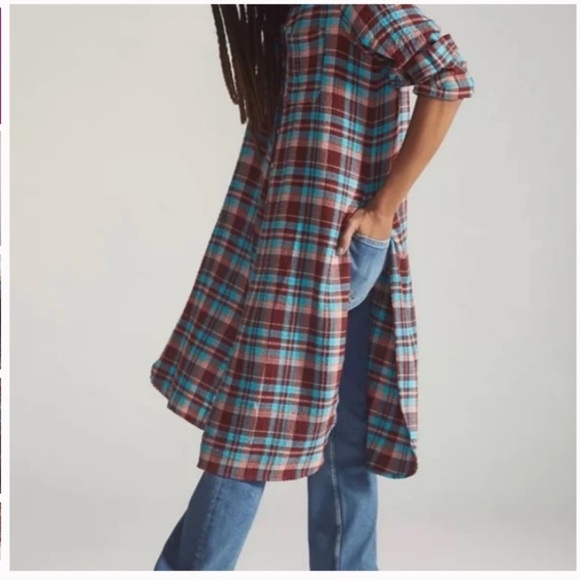 Pilcro LongLine Plaid Button Down Anthropologie Terracotta Turquoise festival  S - Picture 3 of 12